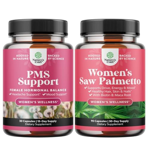 Ensemble de PMS Support et Saw Palmetto pour les femmes - DIM, Chasteberry, Black Cohosh & Ashwagandha pour les périodes Crampes, Bloating, Mood Swing et Saw Palmetto Extrait avec Maca Root & Biotin pour la perte de cheveux
