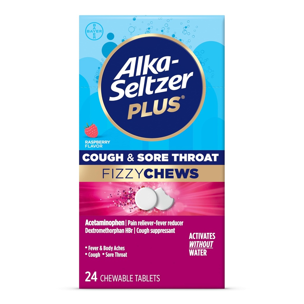 Alka-Seltzer Plus Cough & Sore Throat Fizzy Chews, kein Wasser benötigt, Auf die Go Sore Throat Relief für Erwachsene, Himbeere Geschmack, 24 Count