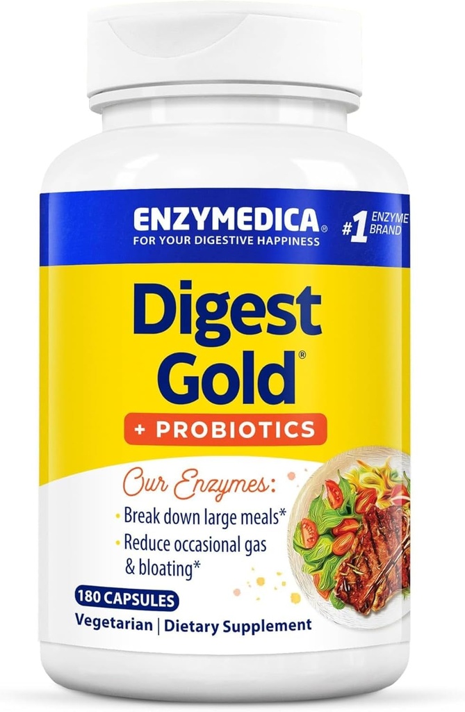 Enzymedica Digest Gold + Probiotiques, 2-en-1 Formule pour la santé des Guts, enzymes digestives et cultures probiotiques actives, 180 Compte