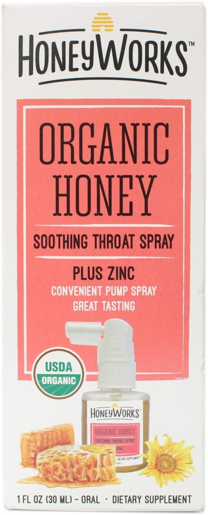 HoneyWorks Adult Throat Spray für Sore Throat Relief, 1 Oz, Beruhigende Non-GMO USDA Organic Dark Honey + Zink, Fast-Acting Relief, Alter 12 Jahre +