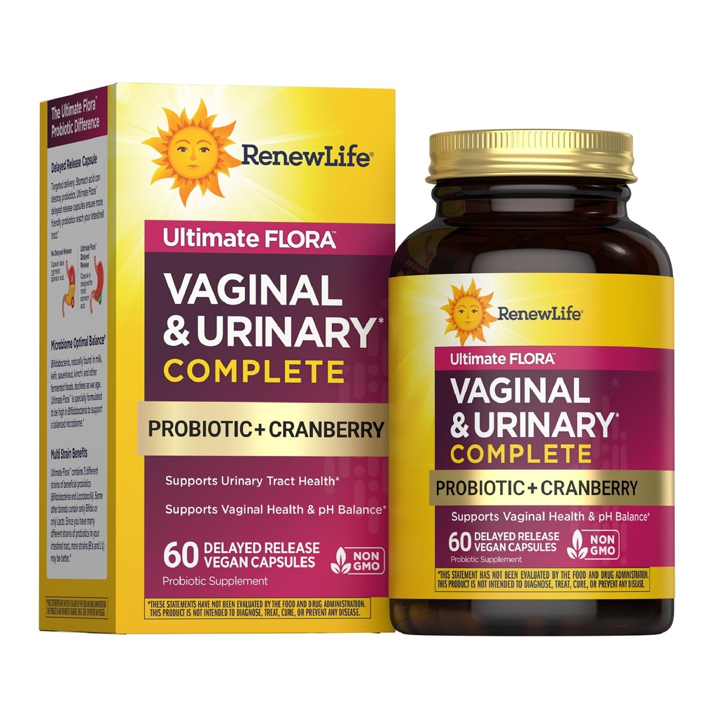 Renew Life Women's Wellness Vaginal und Urinary Probiotic and Cranberry Supplement, Probiotic Supplement for pH Balance for Women, Digestive Health, Dairy, Soy and Gluten-Free, 3.5 Billion CFU 60 Ct