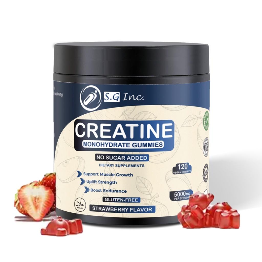 S.G Creatine Monohydrate Gummie für Männer und Frauen - Sugar Free - Vegan - 5g Kreatin für Muskelunterstützung - Pre-Work Out Chewable Supplements for Energy Boost - Strawberry Flavored 120ct Gummies.