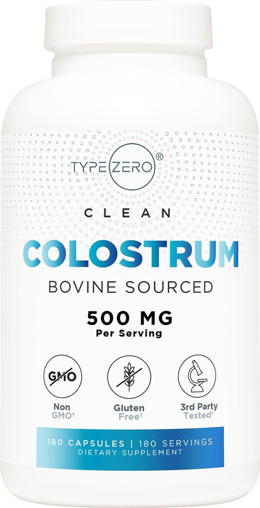 Tipo Zero Colostrum Supplement (500mg) 180 capsule - Bovine Sorgente, Non OGM, Senza glutine