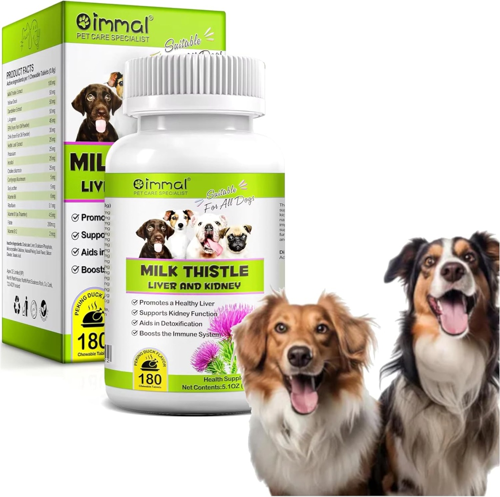 Thistle de lait pour chiens - 180 comprimés à croquer - Supplément de soutien du foie et du rein pour chiens - Detox - Supplément du foie