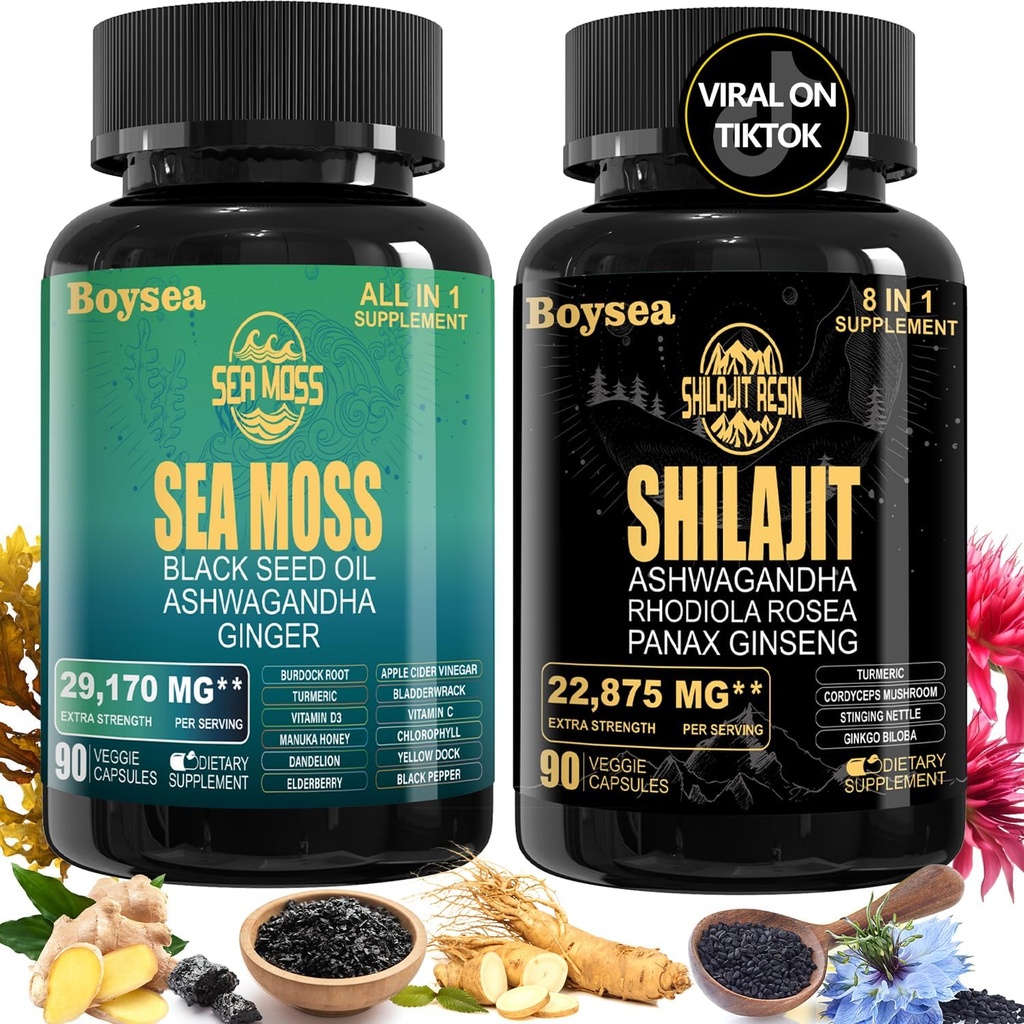 Boysea. Shilajit und Sea Moss Bundle - Sea Moss (7000mg), Ashwagandha (2000mg), Black Seed Oil (4000mg), Ginger & Shilajit (9000mg), Rhodiola Rosea (1000mg) – 90 Count (1 Pack)
