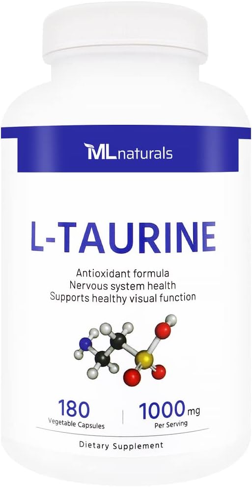 ML Naturals L-Taurine 1000 mg 180 Capsules végétales. 99,9 % Pureté L-Taurine. Santé du système nerveux et soutien aux antioxydants, certifié NSF et conforme aux GMPc.