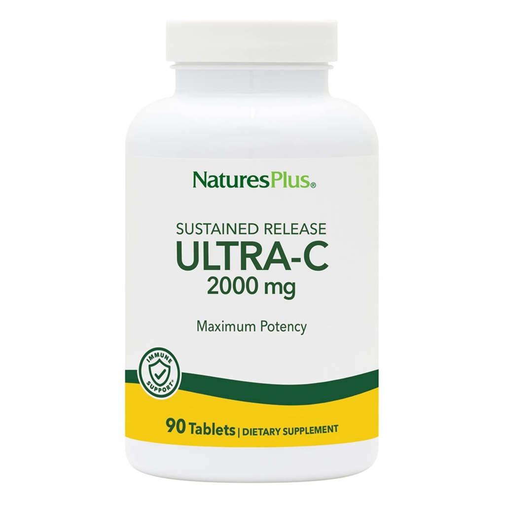 Natures Plus Ultra C W/Rose HIPS, libération prolongée - 2000 mg, 90 comprimés végétariens - Potence maximale de soutien immunitaire, antioxydant - Défense libre-radicale - Sans gluten - 90 portions