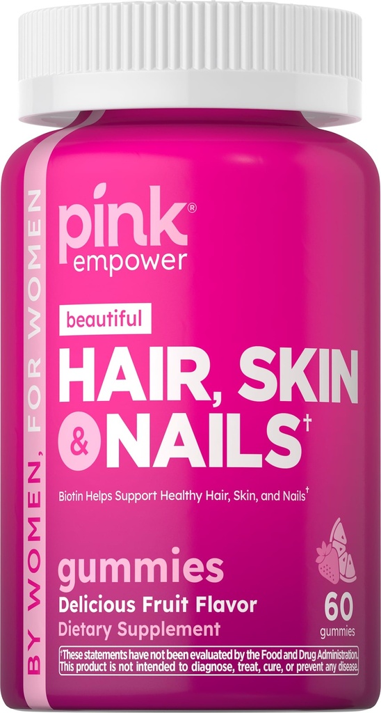 PINK Hair Skin Nails Gummie | 60 Count | Plus Collagen & Biotin | Non-GMO & Gluten Kostenlose Vitamine für Frauen | Erdbeeren Flavor