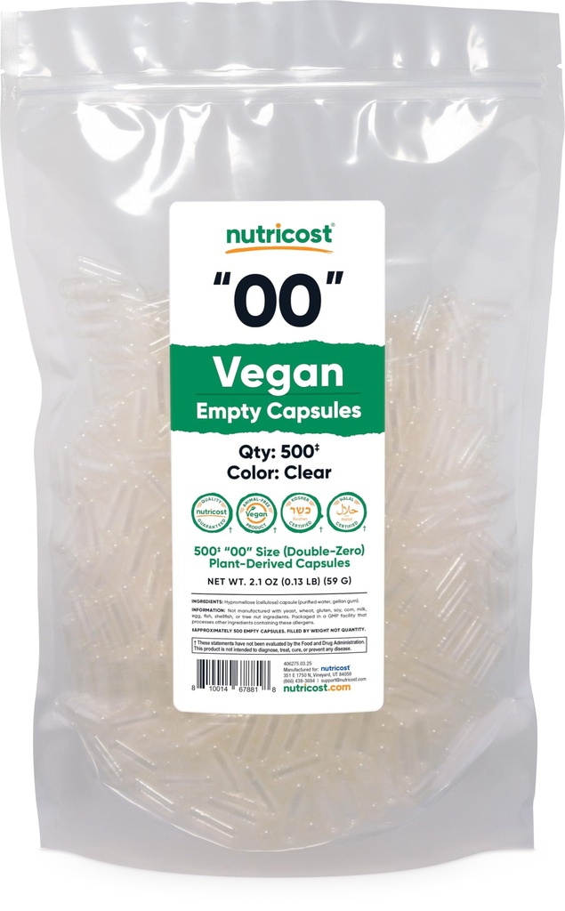 Nutricost Leere Kapseln Größe 00 Vegan - 500 Klare leere pflanzenbasierte Kapseln - Kosher zertifiziert, Halal Zertifiziert, Non-GMO, Soy Free, Glutenfrei, Vegetarisch