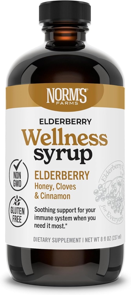 Norm's Farms Wellness Black Elderberry Syrup mit Honig, Cinnamon & Cloves - Made in USA, Natural Immununterstützung, No Alkohol oder Füllstoffe, Glutenfrei, Non-GMO, Vegan, Pure Elderberry Juice Syrup - 8 Oz