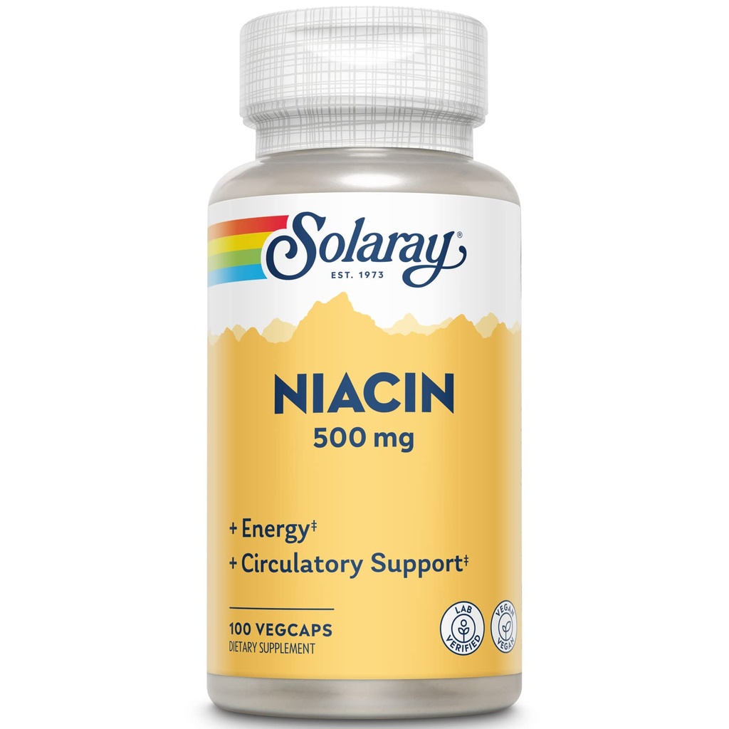 SOLARAY Niacin 500 mg, Vitamin B3 | Hautgesundheit, Nervous System & Zirkulation Unterstützung | 100ct