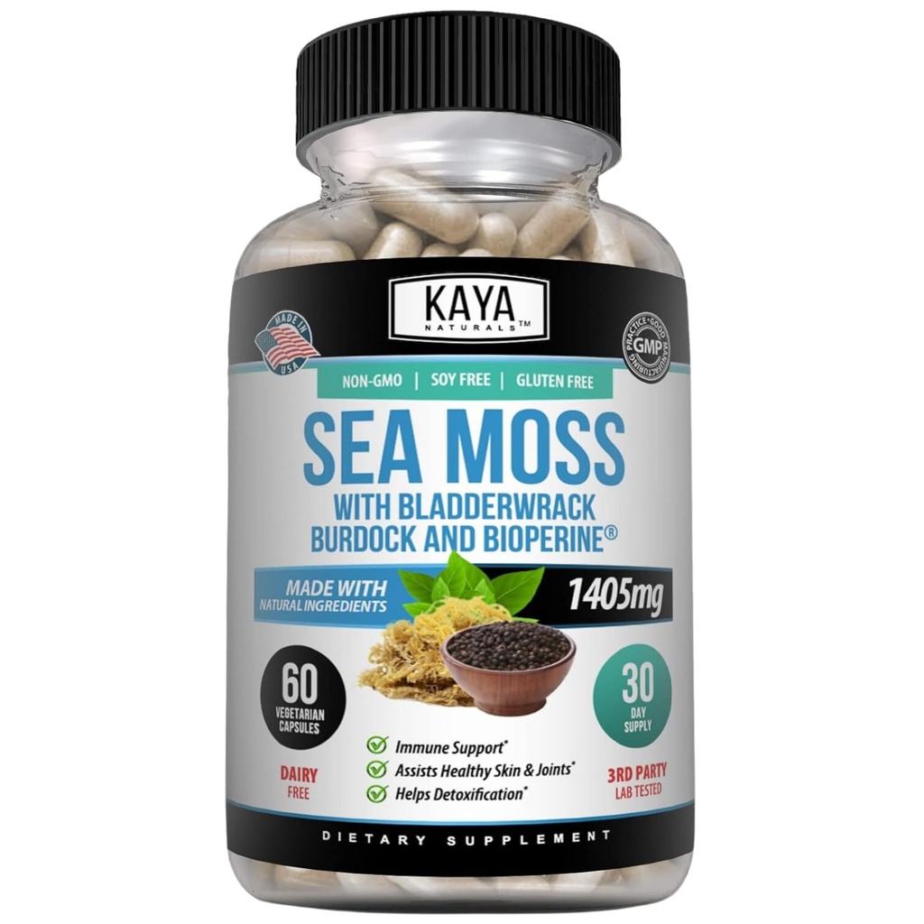 Kaya Naturals Sea Moss - Integratore di mobilità per uomini e donne - con Burdock Root, Irish Moss, Bladderwrack e BioPerine - per la salute della mobilità e l'immunità Boost, 60 Conte