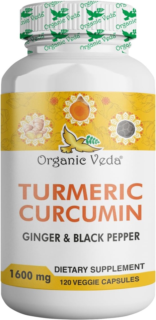 Organic Veda Turmeric and Ginger Capsules 120 Pillen - Organic Turmeric Curcumin with Black Pepper for Joint Support - Non GMO, Gluten Free, Turmeric and Ginger Supplement (95% Curcuminoids)