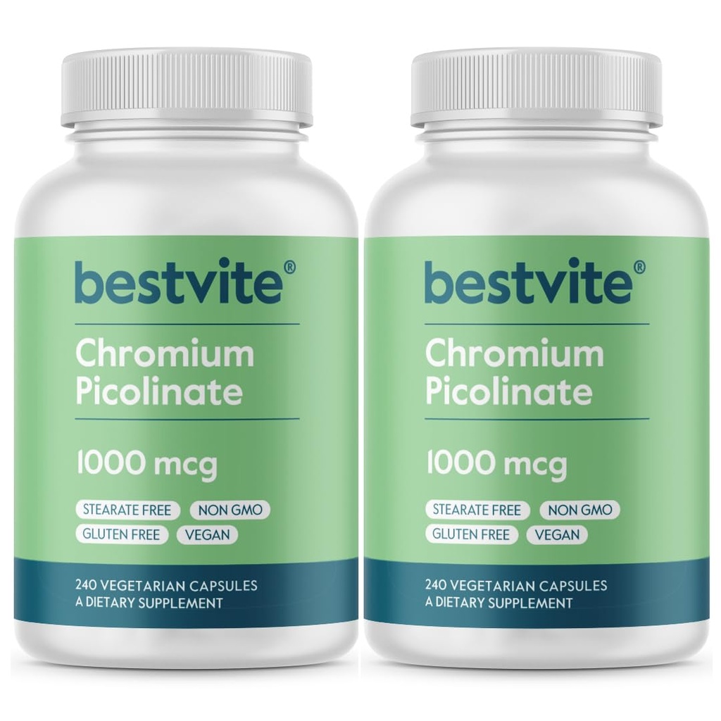 BESTVITE Chromium Picolinate 1000mcg (480 vegetarische Kapseln) (240 x 2) - keine Stearaten - kein Dicalciumphosphat - Vegan - Glutenfrei - Non-GMO