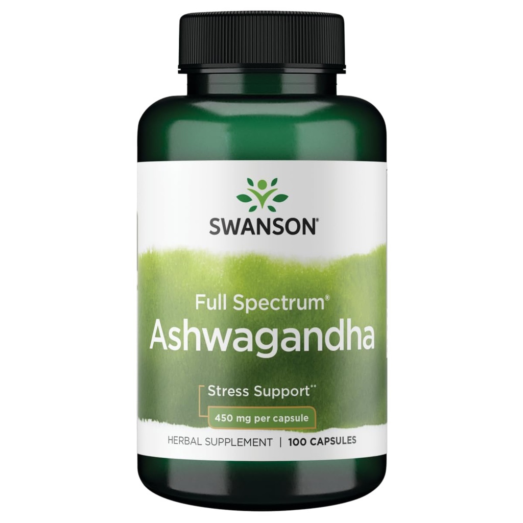Swanson Ashwagandha Powder Supplement - Ashwagandha Root & Luftteile - Fördert Stress Relief & Energie - Ayurvedische Ergänzung für natürliches Wellness (100 Kapseln, 450mg Jeder)