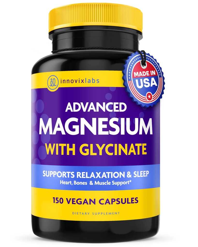 InnovixLabs Advanced Magnesium Capsule - 150 Ct, 210 mg - Glicinato e Malato - Alto assorbimento, promuove il rilassamento, le ossa, la salute del muscolo, Vegan Malate Sleep Supplement