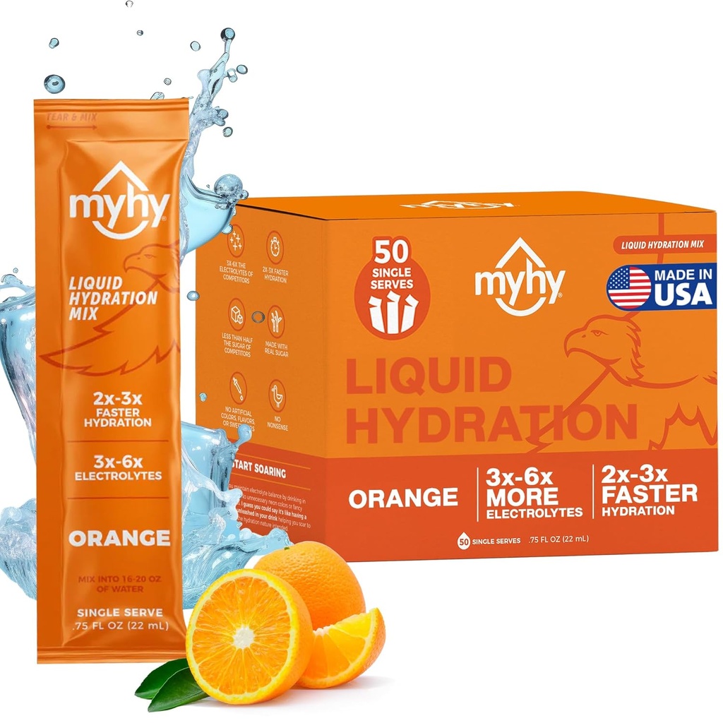 MyHy Liquid Hydration Packets, Elektrolyt Drink Mix für Erwachsene & Kinder Hydration Support, Dehydration Relief für Reisen, Schwangerschaft, Fitness, Bachelor & Bachelorette Party – Orange, 50 Count