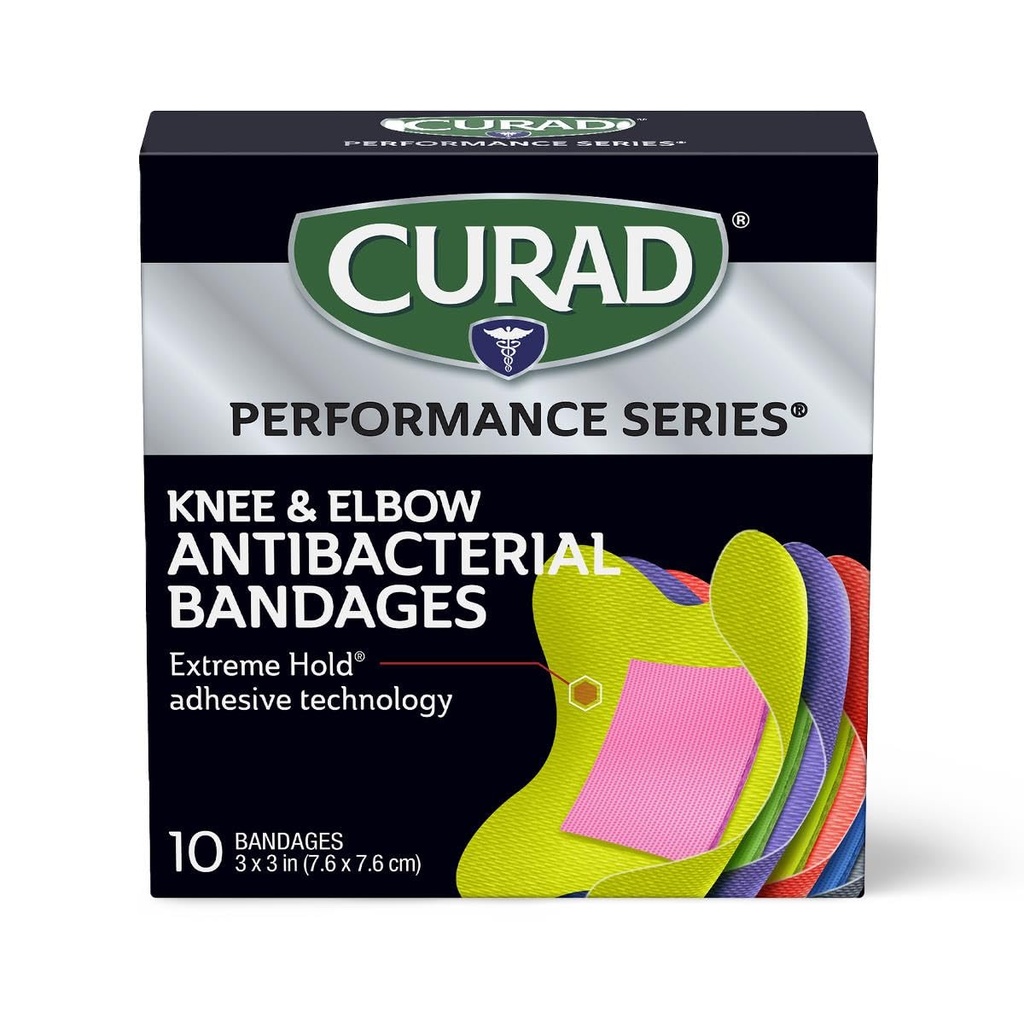 CURAD Performance Serie IRONMAN Antibakterielle Bandagen, Extreme Hold Adhesive Technology, Knie &amp; Ellbogen 3 Zoll x 3 Zoll, 10 Count, Ideal für Schnitte, Scrapes, Sport und Active Lifestyles