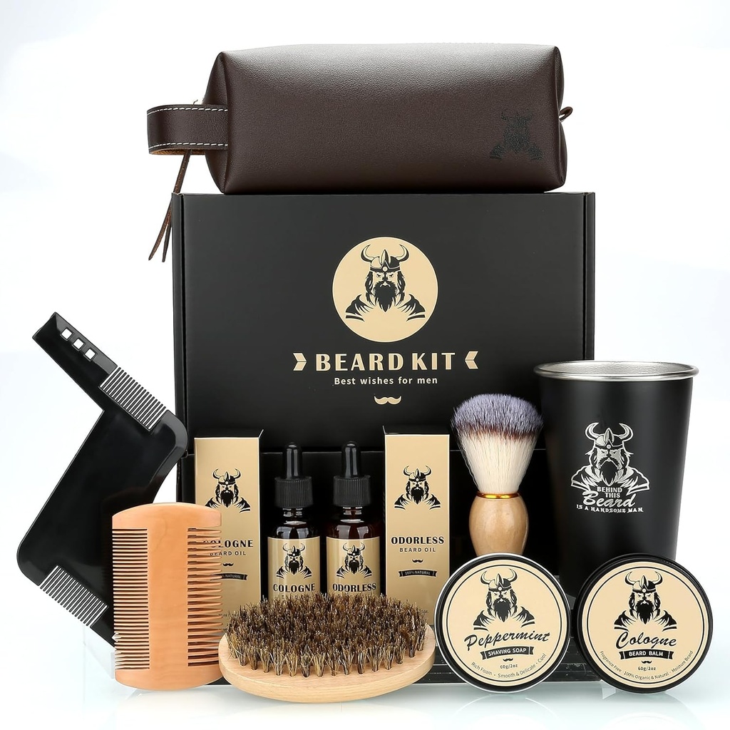 Bart Kit Geschenke für Männer, Vatertag Geburtstag Geschenke für Männer Dad Ihn, Grooming & Trimming Tool Komplett Set, Bart Care Kit mit 2 Bart Growth Oil/Balm/Brush/Comb/Shaving Soap/Cup&Storage Tasche