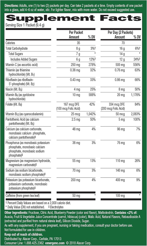 Emergen-C Energy+, con vitamine B, vitamina C e caffeina naturale dal tè verde (aroma di Blueberry Acai) Integratore alimentare Bere Mix, 0.33 Ounce Powder Packets(Pack of 18)