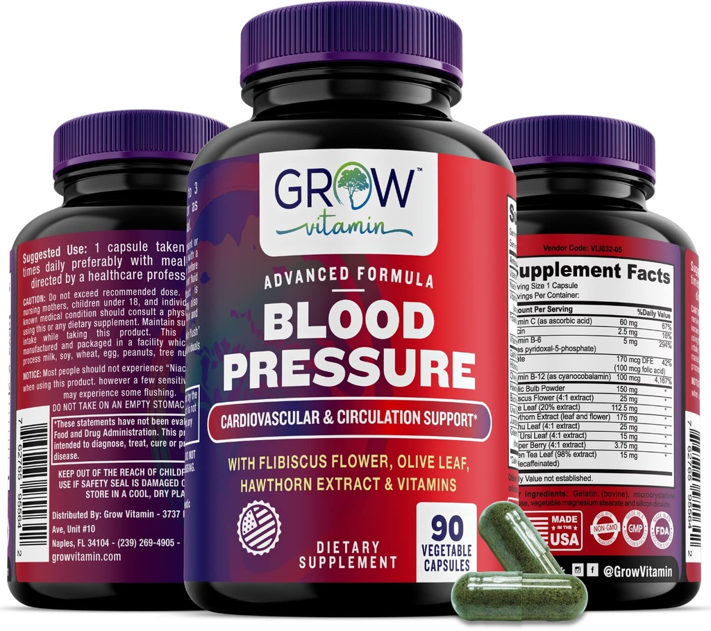 Integratore di supporto della formula di pressione sanguigna per la salute cardiovascolare e cardiaca con l'aglio, Hawthorn & Hibiscus - 90 capsule