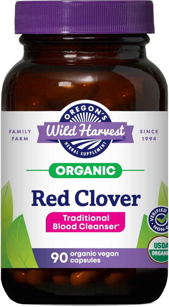 Gélules de trèfle rouge de récolte sauvage de l'Oregon, suppléments à base de plantes biologiques non-OGM, 90 Blossoms et feuilles organiques de trèfle rouge (Trifolium pratense), capsules végétales non-OGM et rien d'autre