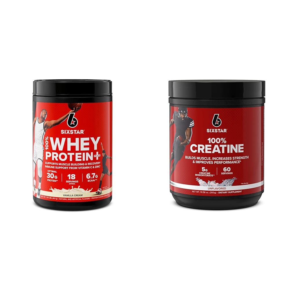 Six Étoile Whey Protein Plus & Creatine Monohydrate en poudre Ensemble de Vanilla Whey Protein Isolate 1.8 lbs & Non aromatisé Creatine 60 portions