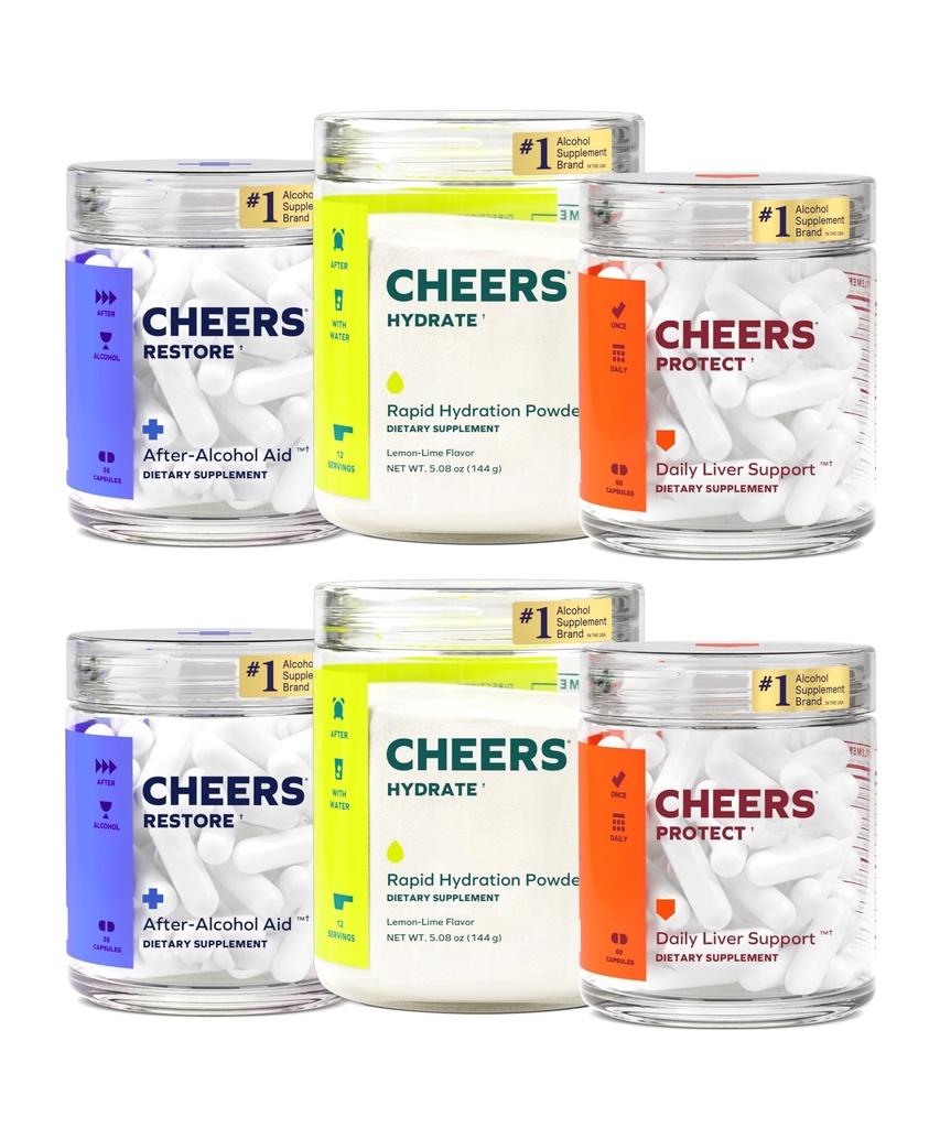 Cheers Super Combo.Restaure + Protégez + Hydrate.Ressentez-vous mieux après avoir bu, soutenez votre foie, et réhydratez.