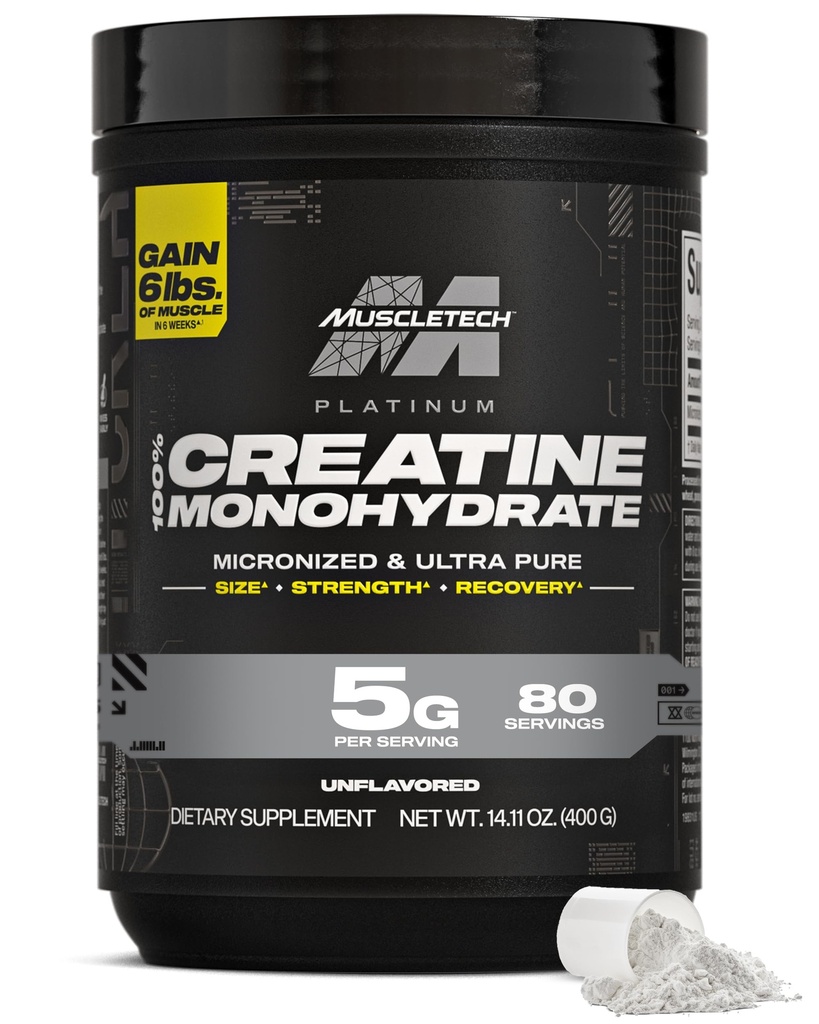 MuscleTech Poudre monohydratée de créatine, Platine Pure - Non aromatisé la créatine micronisée pour les hommes et les femmes - Suppléments d'entraînement pour la performance, récupération musculaire et constructeur-(80 portions) Emballage mai Varier
