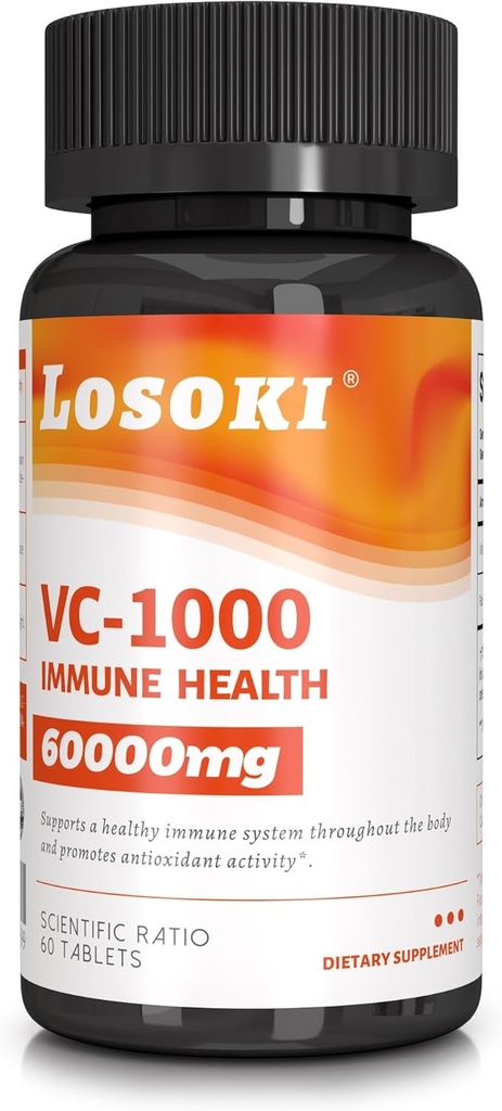 Losoki VC 1000 - Vitamin C-Ergänzungen für Immununterstützung und Antioxidantienschutz - Gepufferte Formel mit Rose HIPS Pulver - 60 Tablet