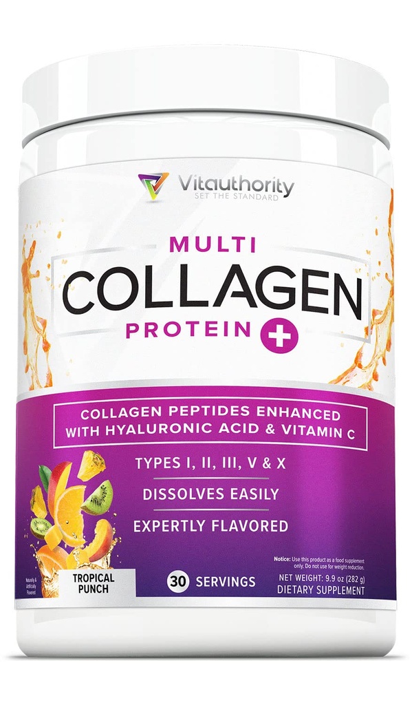 Peptidi multi collagene polvere per le donne - Polvere di collagene aromatizzata idrolizzata per le donne con tipi I II III V & X Vitamina C & Acido ialuronico per la pelle e le unghie dei capelli (Punto tropicale) - 30 Serve