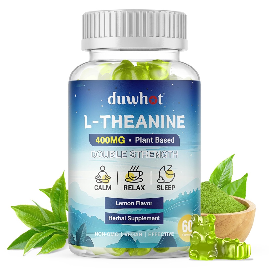 L-teanina Gummies 400mg, Chewable Theanine Supplemento per adulti e bambini 4+, Natural Stress Relief, zzZ & Focus Supplement, Vegan, Low Sugar, Non-Drowsy, Limone Flavor, 60 Chewables