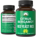 Citrus Bergamot + Riz de levure rouge. Supplément 2 en 1. Haute résistance 10:1 Extrait de Bergamote. Pas de gluten, Zéro sucre, Capsules végétaliennes