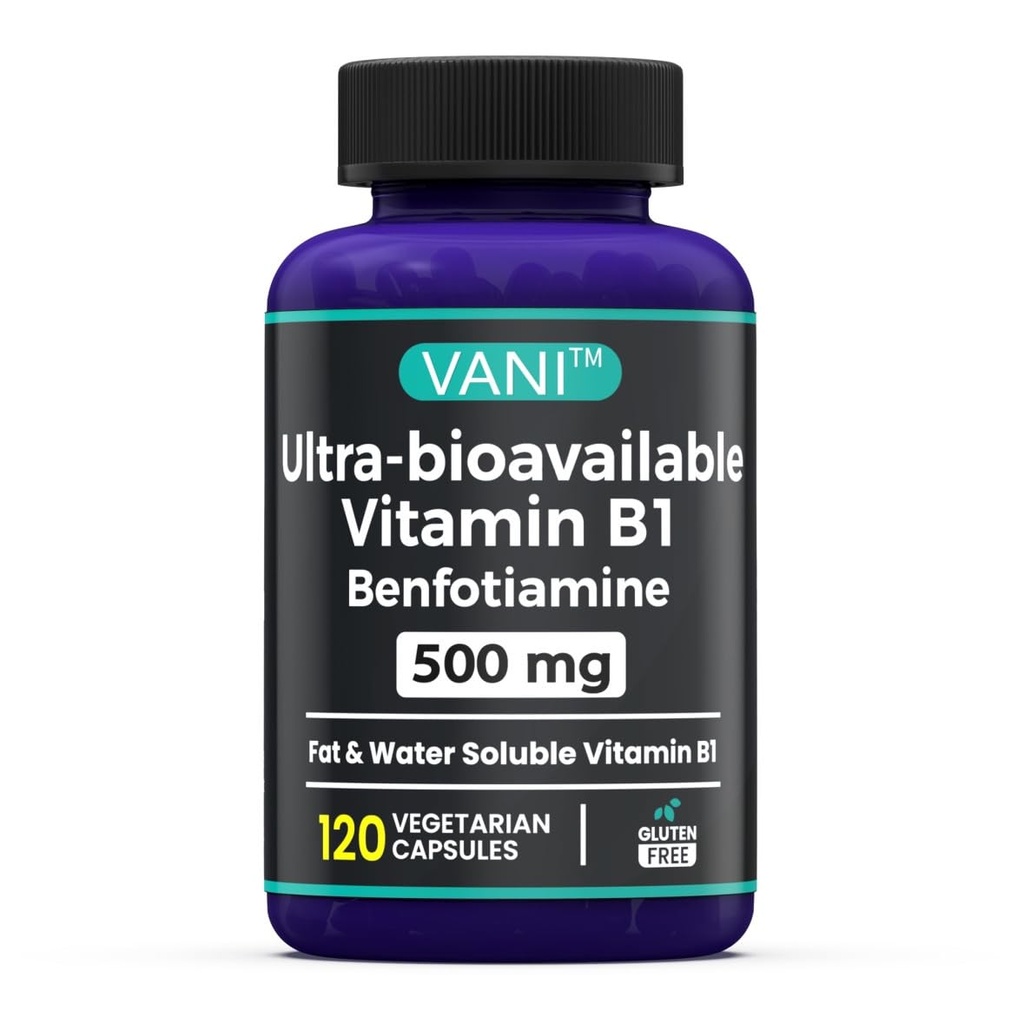 VANI 500MG Benfotiamine avec B1, 5X supplément de poudre de graisse et d'eau soluble Thiamine B1 – tiers testé, sans gluten (120 capsules)