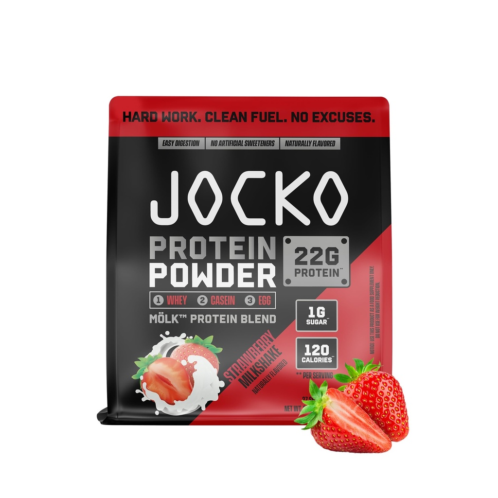 Jocko Fuel Mölk Whey Protein Powder 22g Low Sugar Monk Fruit Blend - Muskel Erholung & Wachstum, Verpackung Mai Vary (27 Servierungen, Erdbeermilchshake)