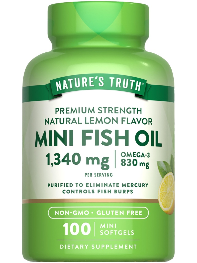 Nature's Truth Mini Fischöl Omega 3 | 1340 mg | 100 Softgels | Burpless Lemon Flavor | Non-GMO & Gluten Free Supplement