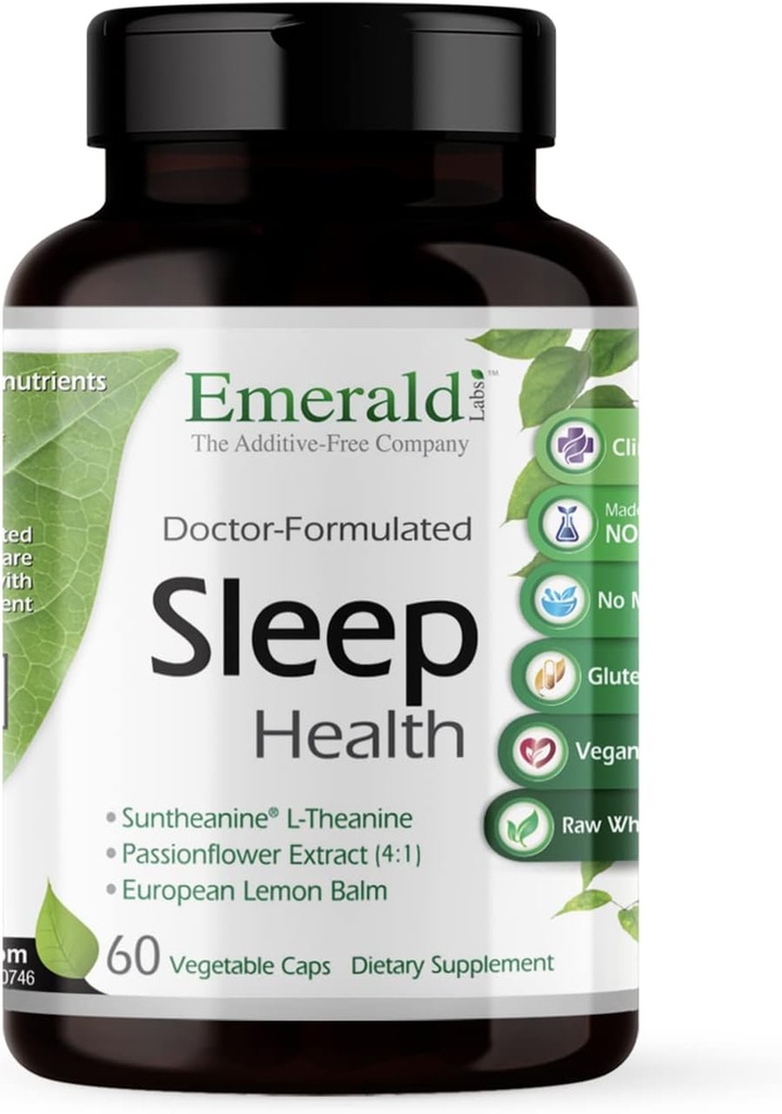 Emerald Labs Sleep Health - Supplemento di supporto per il sonno con Suntheanine L-teanina, Melatonina, Euro Lemon Balm & Passionflower - Gluten Free, Vegan - 60 capsule vegetali (fino a 30 giorni di alimentazione)