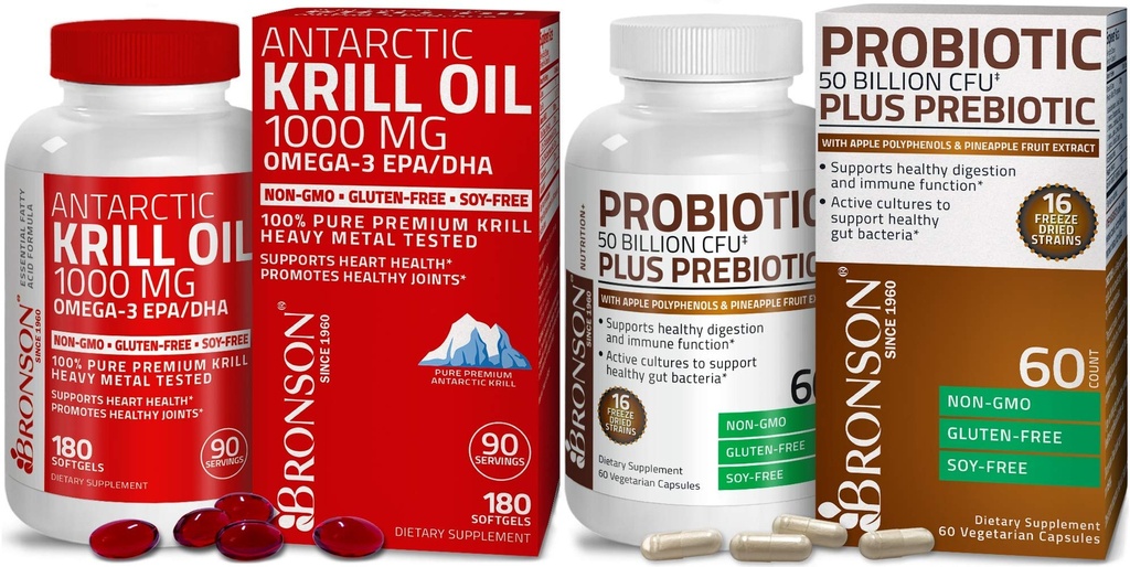 Bronson Probiotic 50 Milliarden CFU + Präbiotikum mit Apfelpolyphenolen & Ananasfrucht Extrac Antarktis Krillöl 1000 mg mit Omega-3s EPA DHA