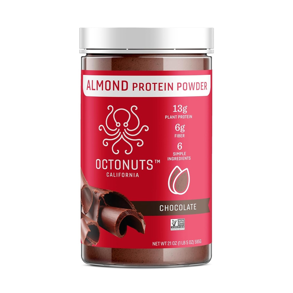 OCTONUTS Chocolate Almond Protein Powder 21oz – Pflanzenbasiertes Veganprotein – Clean Low Carb Blend mit 13g Protein, 6g Fiber – Keto, Paleo, Glutenfrei, Non-Dairy – Ideal für Shakes, Smoothies