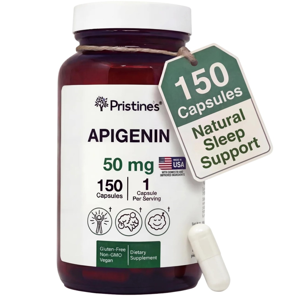 Apigenin Supplemento PRISTINE per capsule di sonno - 50mg 150 Day Supply - Prostate & Sleep Support Trovato in polvere di camomilla per il relax, l'invecchiamento sano, la salute del cervello e del cuore, e l'immunità