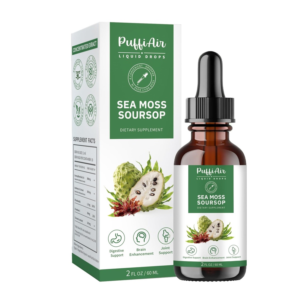 PUFFIAIR Sourop (Graviola) et goutte liquide de mousse de mer pour le soutien cellulaire et la régénération, Immune Boost, Relax, foie et sommeil, Extrait à base de plantes, sans sucre/gluten, saveur naturelle, 2 Fl Oz/60ml
