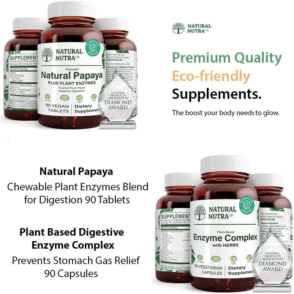 Mélange naturel d'enzymes végétales à mâcher Nutra Papaya pour la digestion 90 Comprimés végétaliens à mâcher et complexe d'enzymes digestives à base de plantes avec des herbes 90 Capsules végétaliennes pour la digestion, prévient l'estomac.