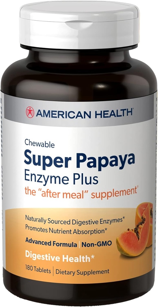 American Health Super Papaya Enzyme Plus - 180 Chewable Tablets - The After-Meal Supplement - Non-GMO - 60 Servings