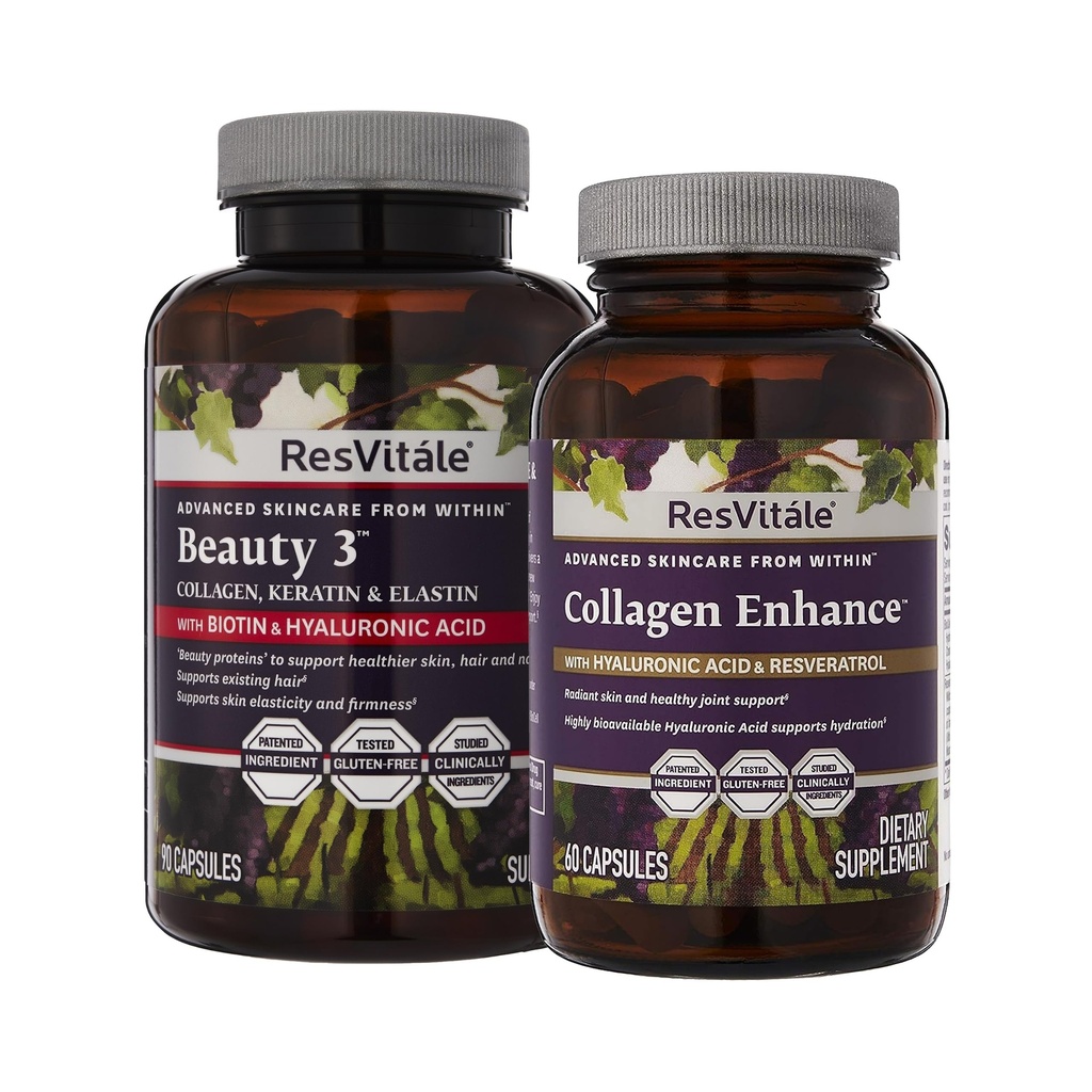 ResVitale Beauty 3 - Hautpflegeergänzung mit Kollagen, Keratin & Elastin - 90 Kapseln & Collagen Enhance - Beauty Supplement mit Hyaluronsäure & Resveratrol - 60 Kapseln