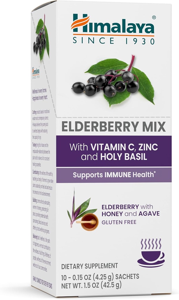 Himalaya Elderberry Mix, Drink Mix Supplement, Immununterstützung mit Elderberry, Zink, Vitamin C und Heilige Basilikum, Koffeinfrei, 10-0.15 Unze (4.3 g) Pakete, einfach zu mischen, Glutenfrei
