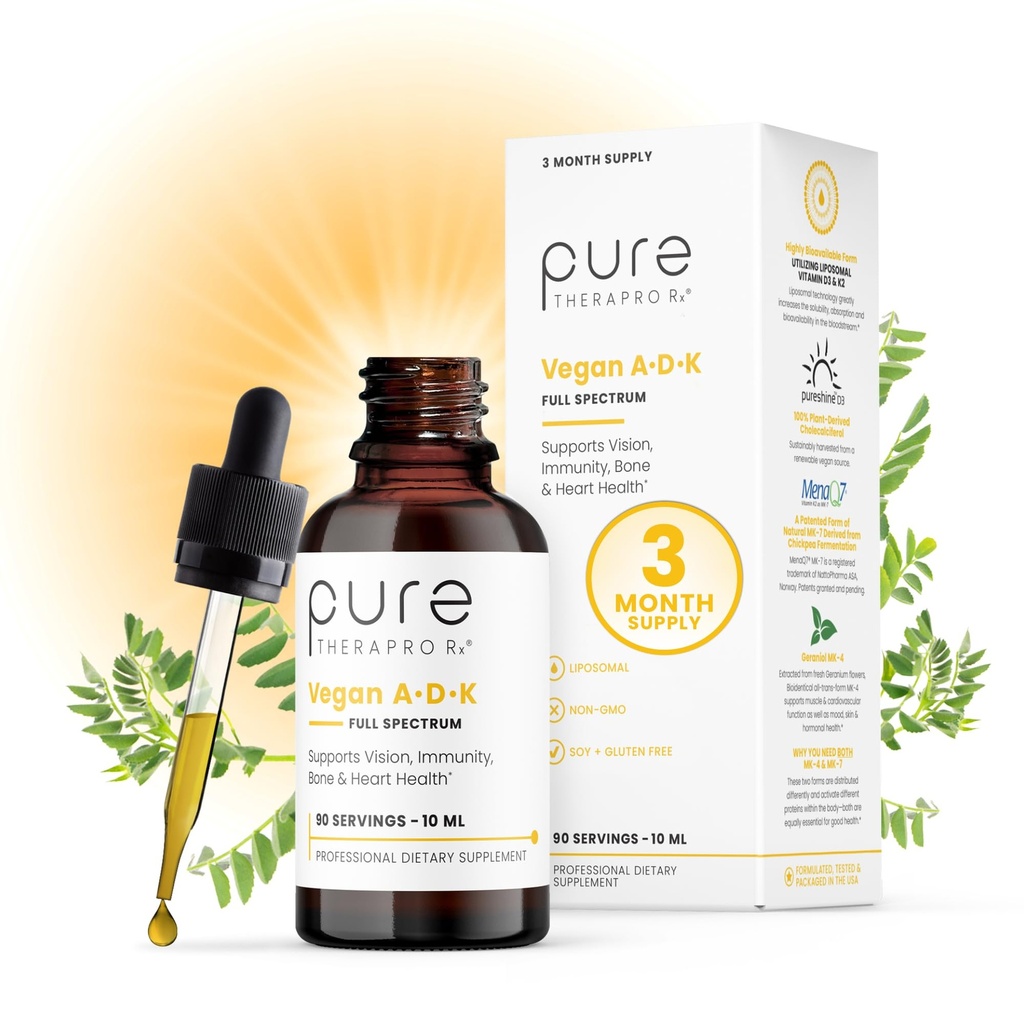 Pure Therapro Rx Vegan A-D-K Drops 10 Ml, Made in USA | 3 mesi di alimentazione | Vitamina A (Palmitate), Liposomal Vitamin D3 (Pureshine), Liposomal Vitamin K2 (MK-4 & MK-7) Supporta Immunity & Bone Health