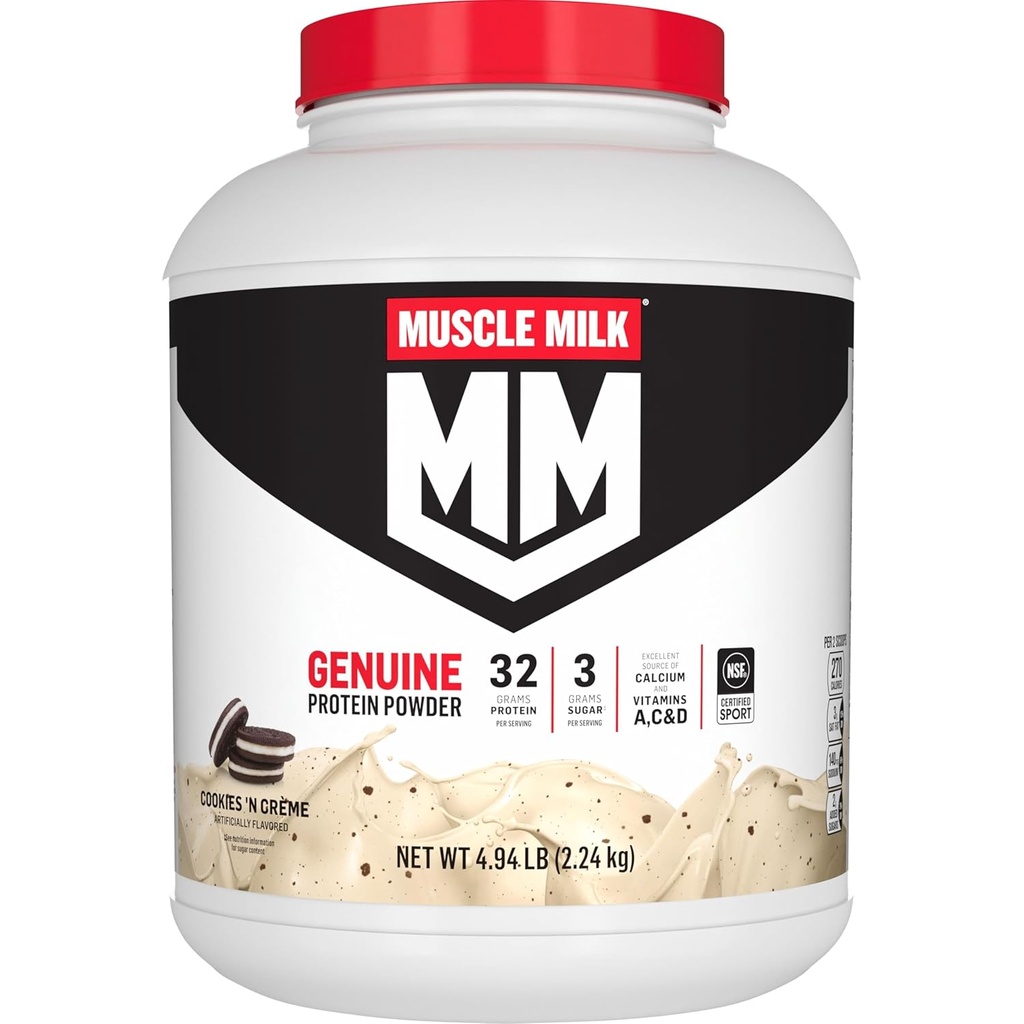 Lait musclé Poudre de protéines authentiques, Cookies 'n Crème, 4.94 Livre, 32 portions, 32g Protéines, 2g Sucre, Calcium, Vitamines A, C & D, NSF certifié pour le sport, Energing Snack, Emballage May Vary