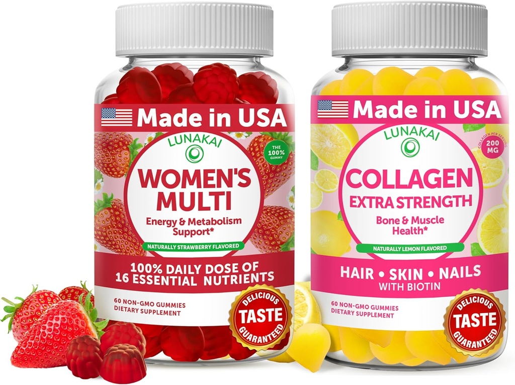 Lunakai Womens Multi and Collagen Gummies Combo - All-Natural Supplements, Gluten-Free, No Corn Syrup 60 ct Collagen und 60 ct Women's Multivitamin - 30-Day Supply
