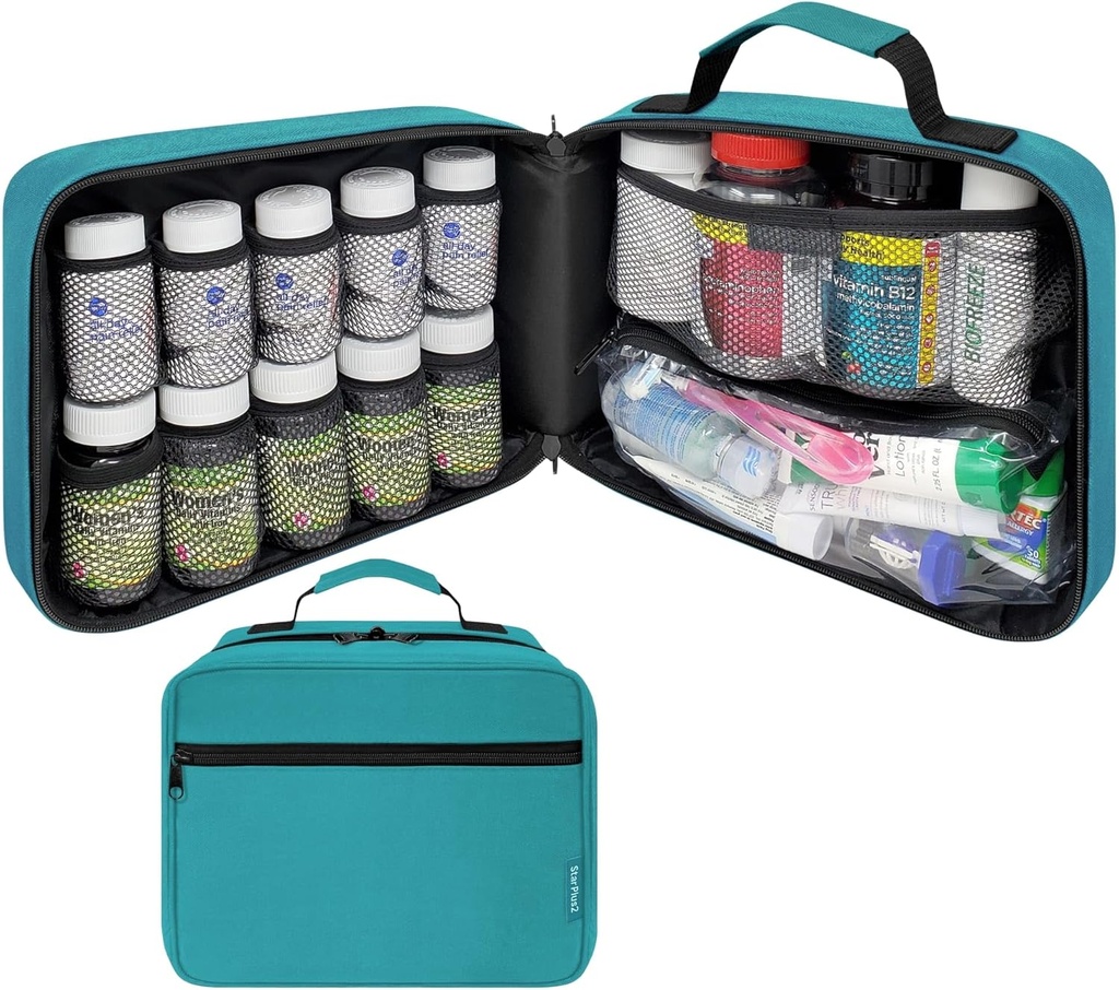 Große gepolsterte Pillen Flasche Organizer, Medizintasche, Case, Träger für Medikamente, Vitamine und medizinische Versorgung - Reisemedizin Organizer und Home Storage Med Bag - Turquoise (Ohne Schloss)