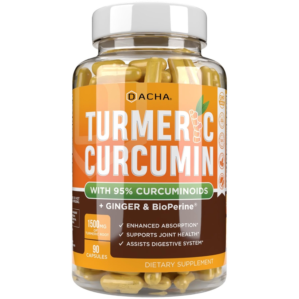 DACHA Tumeric Curcumin Supplément - 2250mg Joint Support Suppléments Turmeric avec Black Pepper Ginger 95% Curcuminoides Capsules